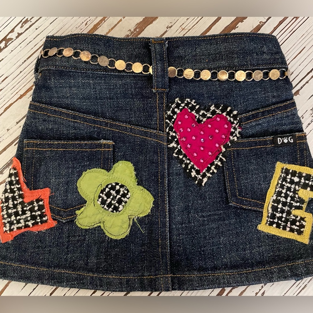 Dark Blue Denim Pet Skirt with Colorful Patchwork 
Large